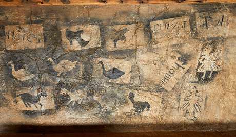 Smoke drawings from the ceiling of Berwick-Upon-Tweed Barracks, Northumberland, created by soldiers in the 18th century