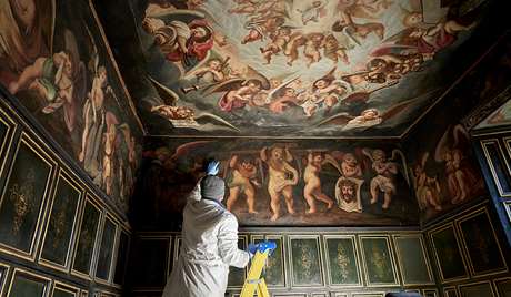 Conservation on the wall paintings inside the Little Castle at Bolsover, Derbyshire