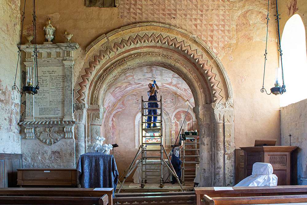 Conservation work on the chancel ceiling paintings at St Mary’s Church, Kempley in 2021